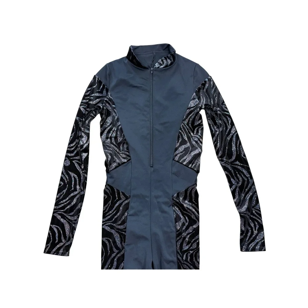Weissman Adult Small Black Sparkle Unitard Dance Costume Long Sleeve Competition
